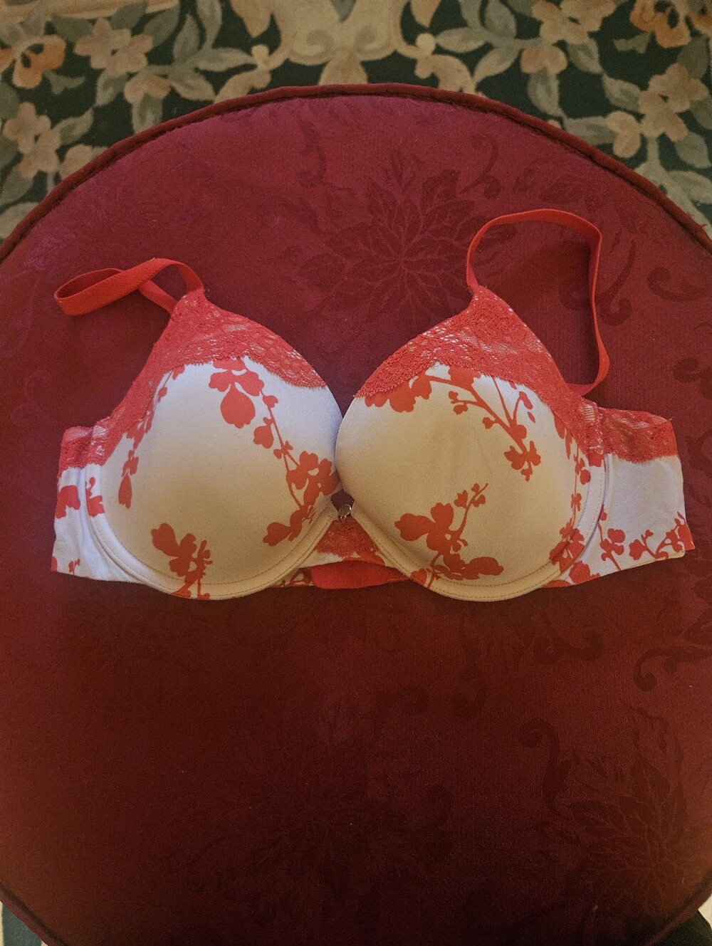 Victoria's Secret White Bra with Red Floral Lace Accents